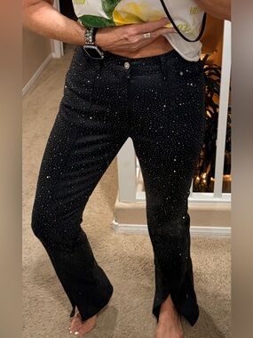 VBRT Black Waxed Denim Rhinestone Sequin Stretch Pants Size 11 NWOT High Rise